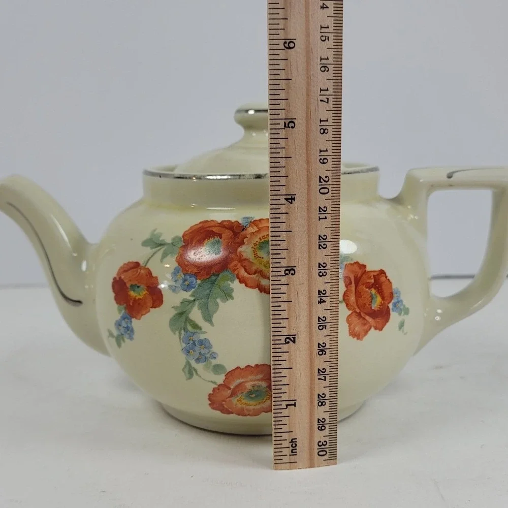 Vintage 1930s Hall China Poppy Teapot Cream Orange Flowers Platinum Trim USA